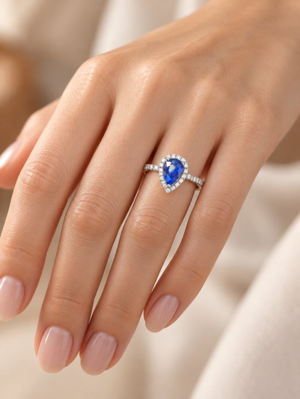 1.21ct Pear Ceylon Blue Sapphire 0.51ctw Diamond Halo Ring 14K White Gold Sz 6.5